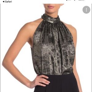 BCBG Maxazria NYE Party Gold Lame Metallic Halter High Neck Top Shirt Blouse M